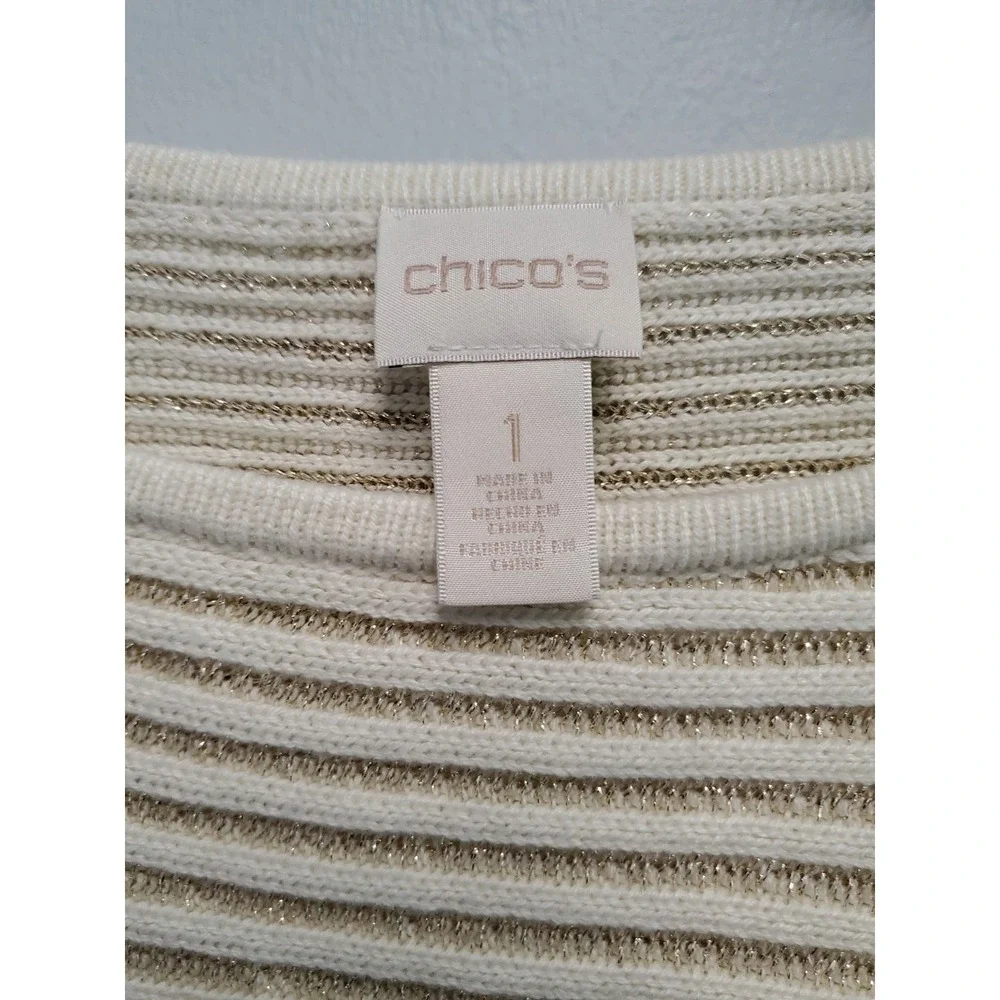 Chicos Women's Size 1 (M-8) Ivory Gold Metallic Bell Sleeve Striped Knit Sweater